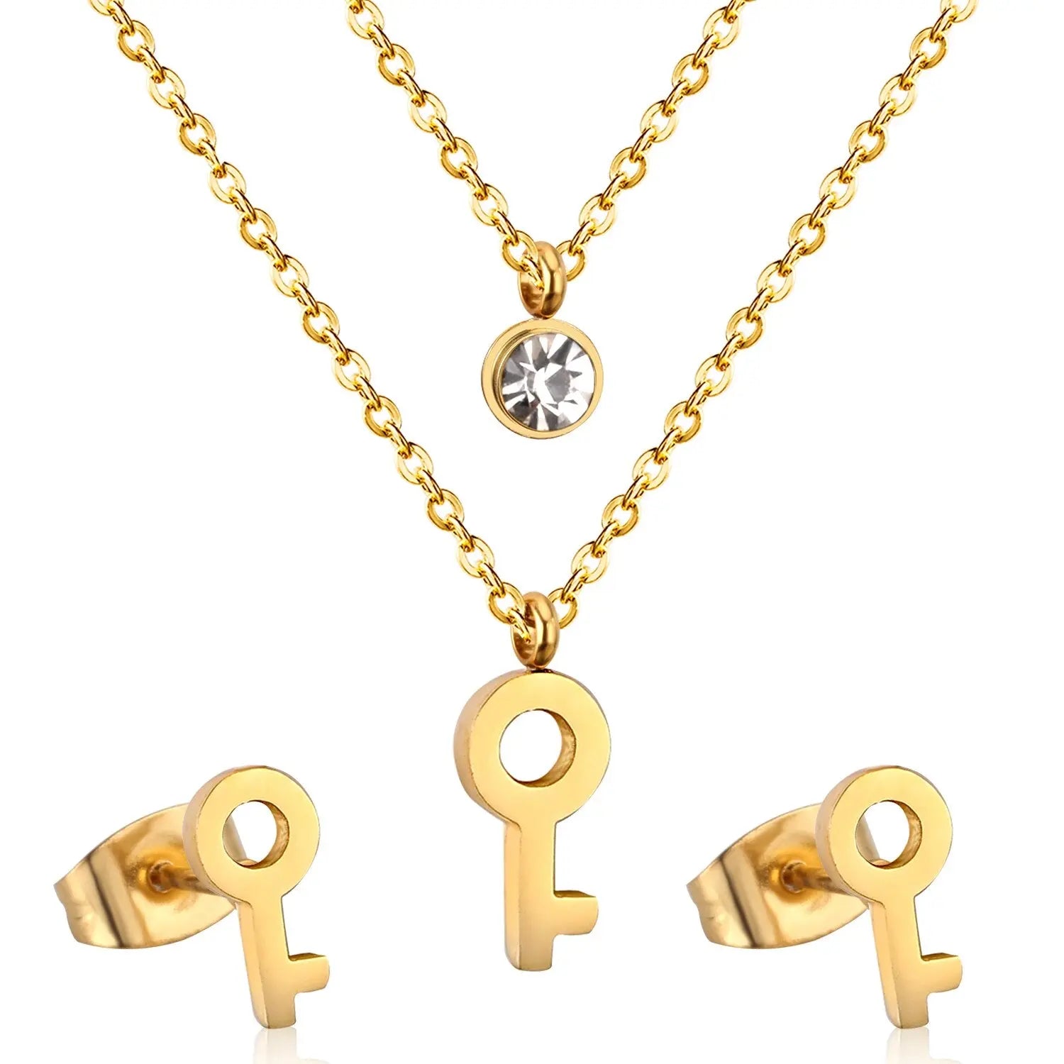 Key Pendant Stainless Steel Necklace Earring Crystal Wedding Bridal Gold Jewelry Set For Women Girls Jewellery Set asonjewelry